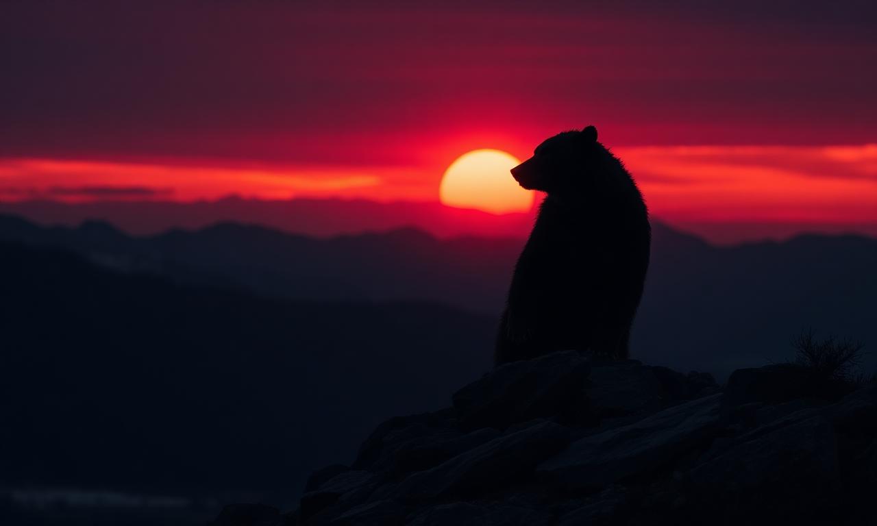 Grizzly bear silhouette on a ridge at sunset