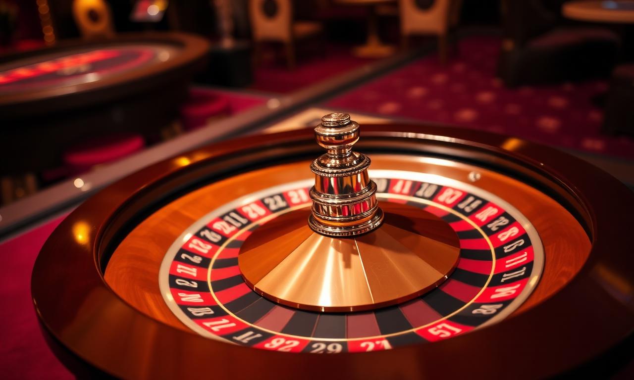 Polished roulette wheel on a maroon felt table
