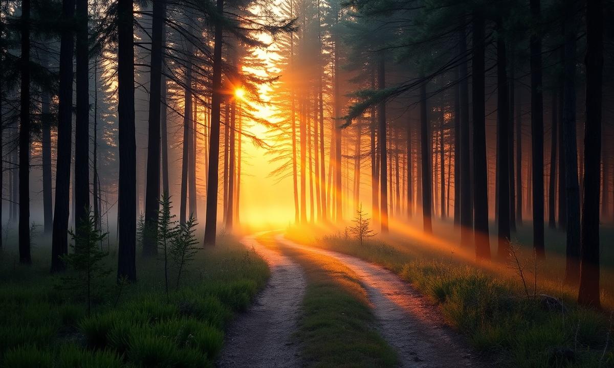 Quiet forest path at sunrise